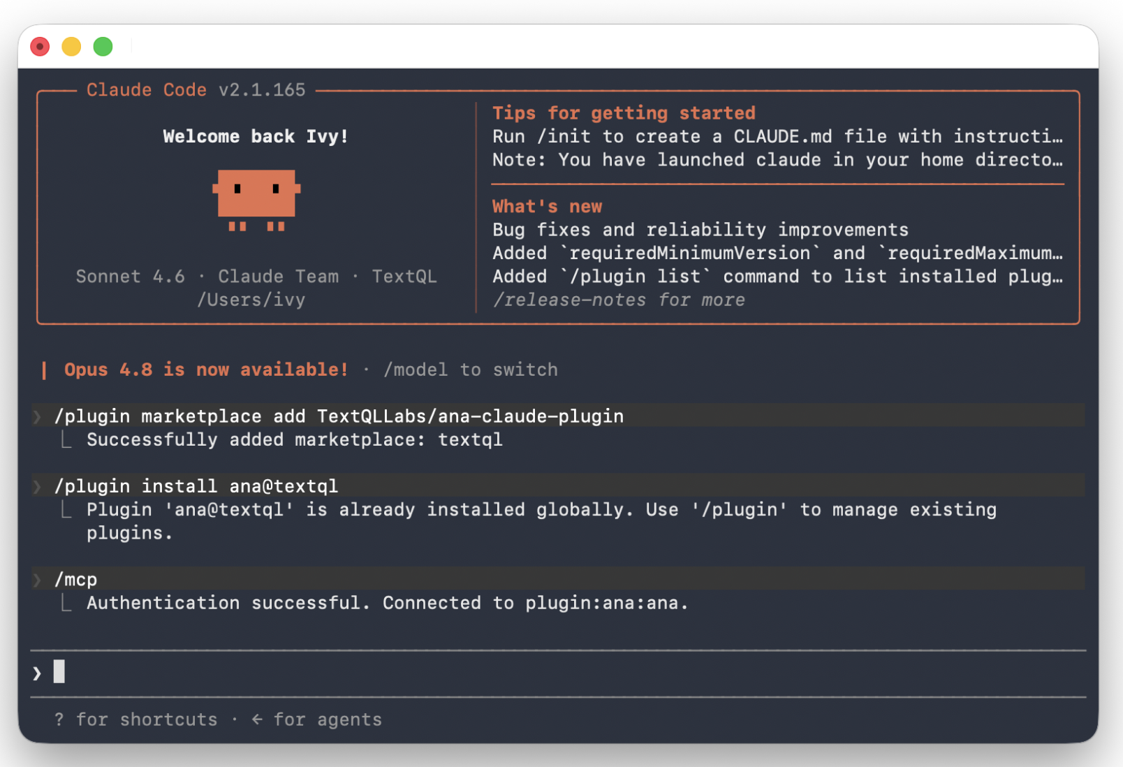 Installing the Ana plugin and connecting via /mcp in Claude Code