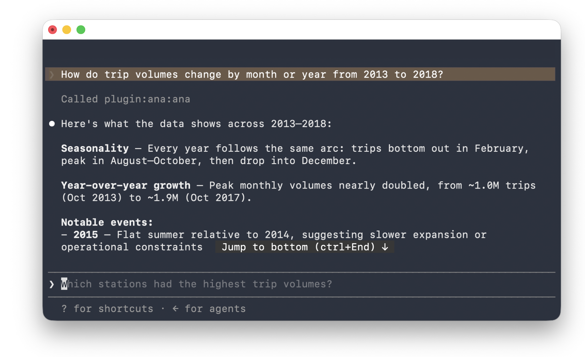 Ana answering a data question inside the Claude Code prompt
