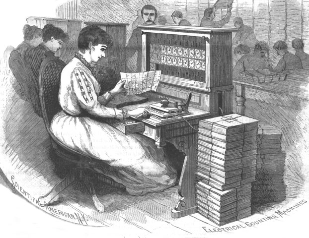 Engraving of Hollerith's tabulating machine and sorting box from Scientific American, 1890