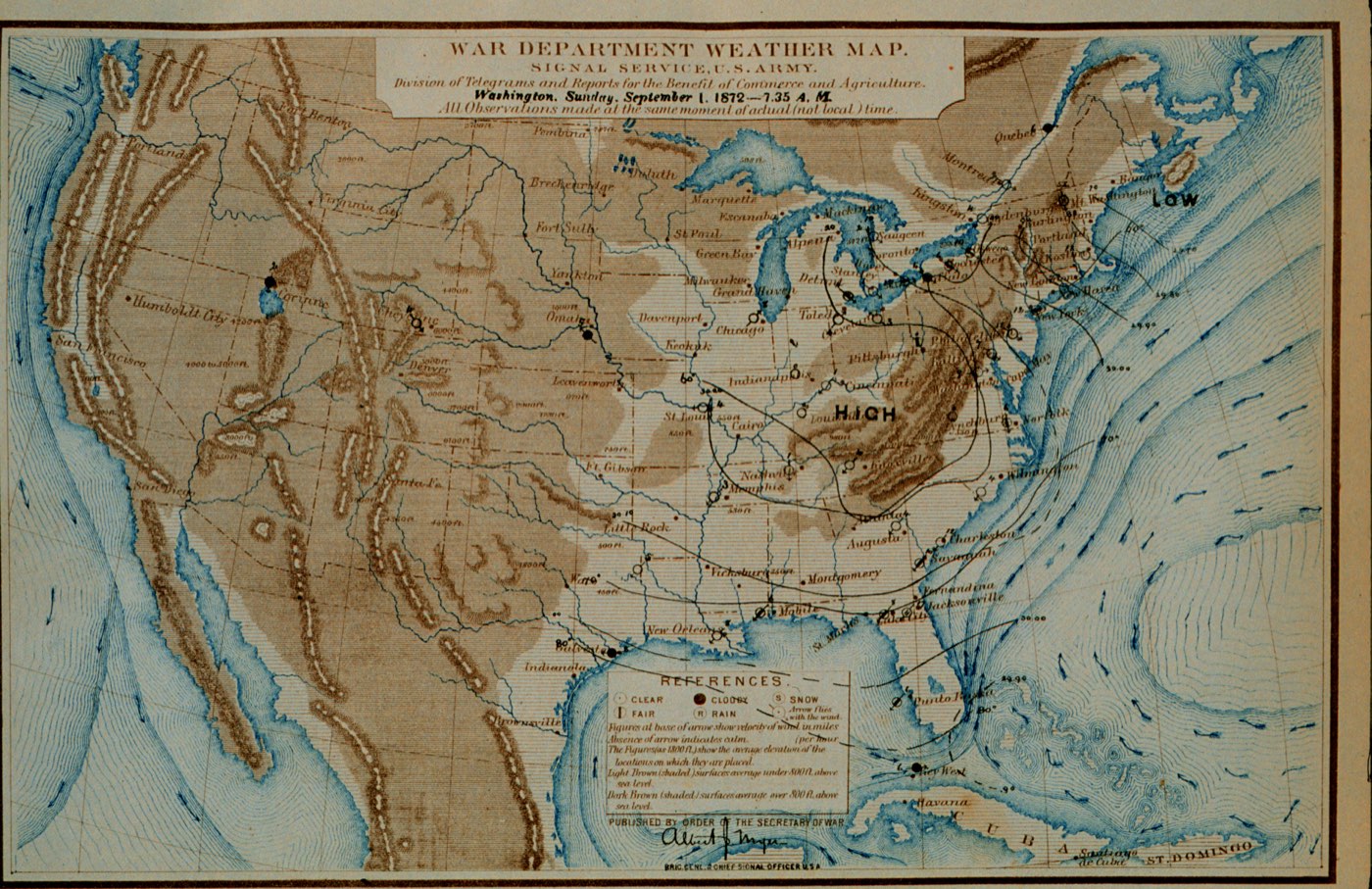 War Department weather map of the United States for September 1, 1872, compiled by the Army Signal Service